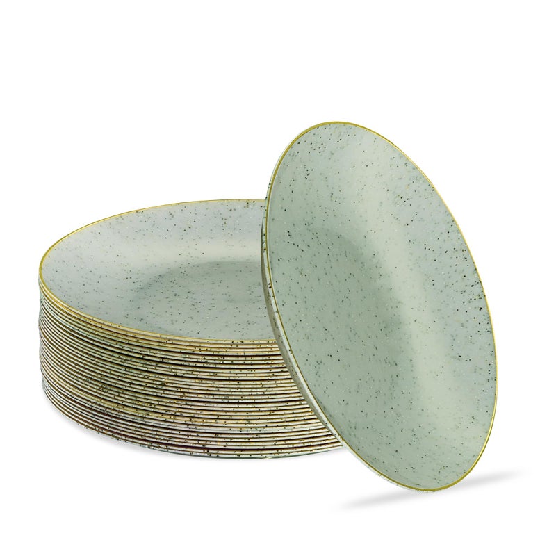 PLASTICPRO 30 Pack Disposable Plastic Plates Heavyweight Granite Look Elegant 7 inch Dinner Plates Green with Gold Rim